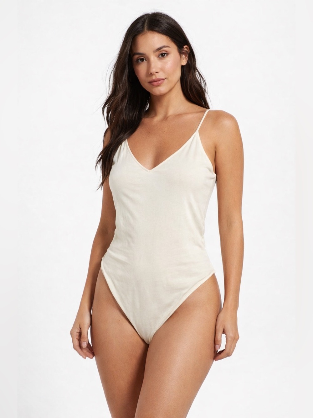 Gaze Womens V Neck Spaghetti Strap Bodysuit in Cloud Dancer Sz M